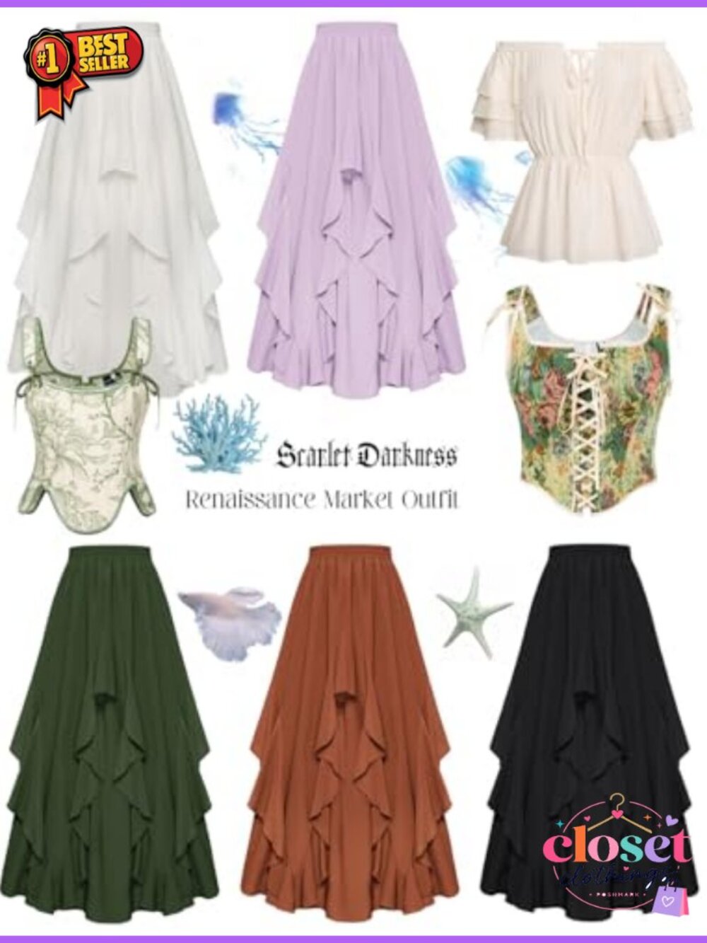 Ruffled Flowy Renaissance Maxi Skirt Women A-Line Double-Layered Pockets - Picture 5 of 6